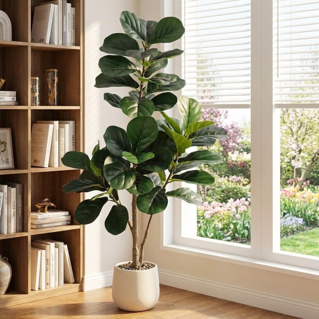 Ficus Lyrata Tree - フィドルリーフフィグツリー人工植物 - リアルな人工フィカス・リラータ植物、白い鉢付き、屋内フロア用フェイクツリー、ホームオフィスリビングルーム用大型グリーン装飾、新築祝いギフト
